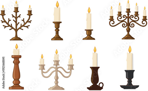 Vintage candle holders and elegant metal candelabras vector set with burning wax candles isolated on white background for romantic or classic interior decor
