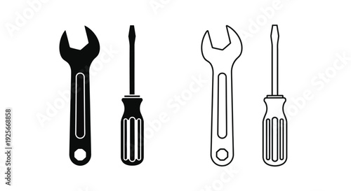 Black and white illustration of wrenches and screwdrivers