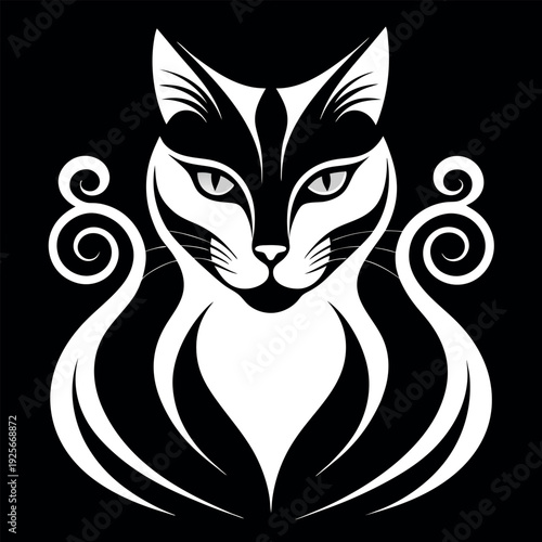Black and white illustration stylized cat portrait  