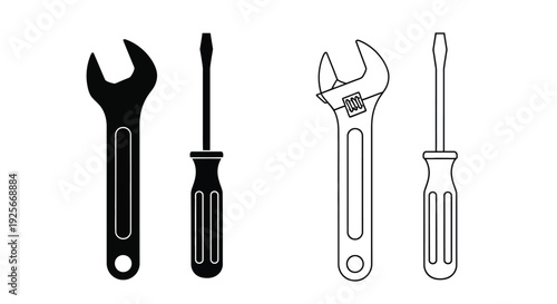 Black and white illustration of various hand tools including wrenches and screwdrivers