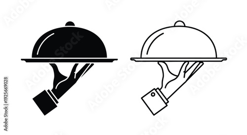 Two silver cloche covered dishes presented on hands black and white