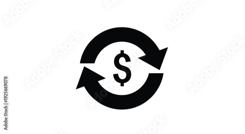 Black and white circular icon depicting financial circulation with a dollar sign