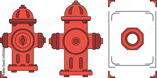 Red Fire Hydrant Vector Illustration Set with Front View and Hexagonal Nut Icons for Fire Safety and Emergency Service Design