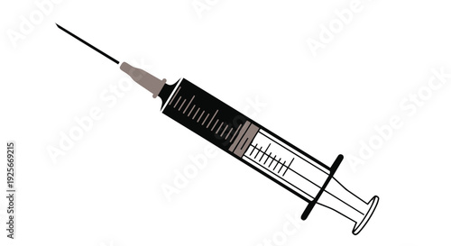 A black and white illustration of a medical syringe