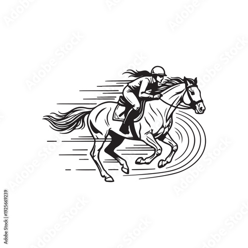 A black and white of a female jockey riding a horse at speed, with motion lines and a circular swirl effect, on a white background