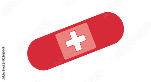 Red band aid with a white cross on a pink square