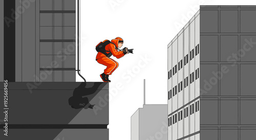 Photographer in orange suit taking picture on top of a building