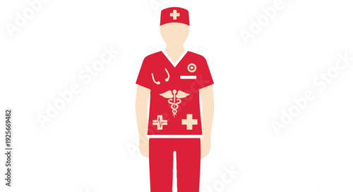 A red medical uniform with white crosses and a hat