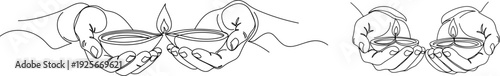 Line drawing of hands holding oil lamps for Diwali Festival, traditional lighting celebration, on a transparent background, symbolizing joy and togetherness.