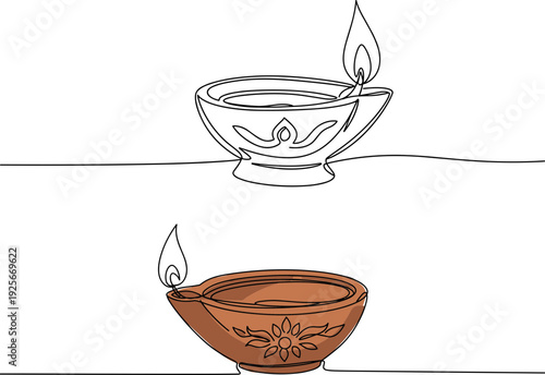 Line drawing of a decorative oil lamp with a flickering flame on a transparent background symbolizing Diwali Festival celebration