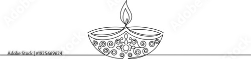 Line drawing of a traditional oil lamp with a flame, used in Diwali Festival celebrations, on a transparent background with intricate floral patterns.