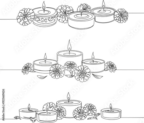 Line drawing of Diwali candles and marigold flowers arranged decoratively on a transparent background for the festival celebration