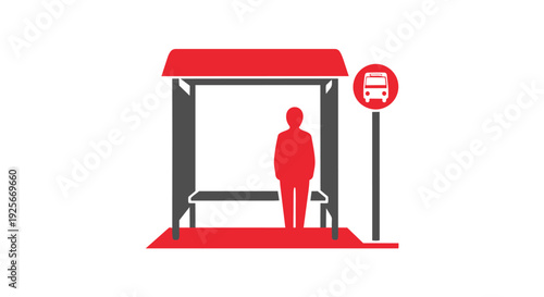 A red and black illustration of a person waiting at a bus stop shelter with a sign