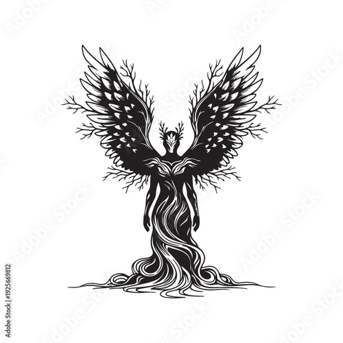 Stylized black silhouette of a winged figure with tree branches forming wings and roots at the base against a white background