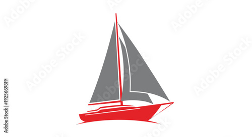 A red sailboat with gray sails on a sailing