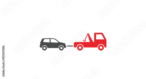 A red tow truck pulling a black car with a rope
