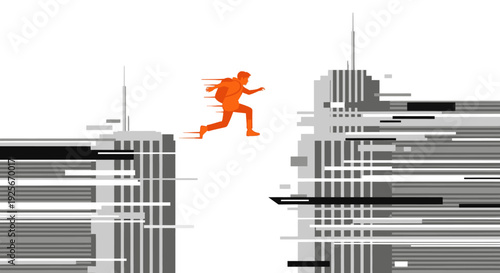Silhouette of person jumping between skyscrapers in vector illustration