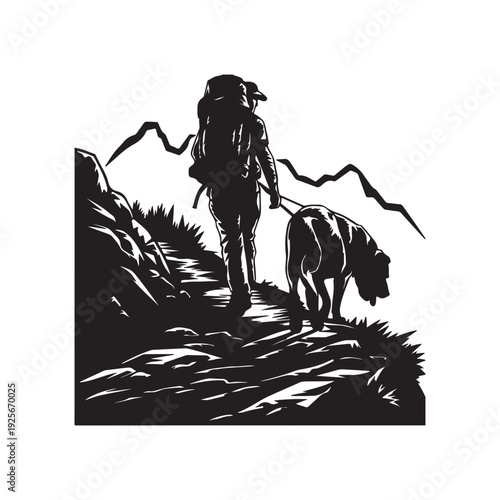 Backpacker and dog hiking on mountain path silhouette leash stylized