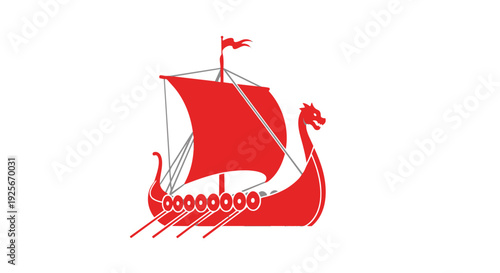 Red viking ship icon with sail and dragon head bow