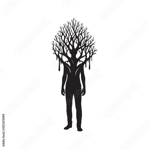 Black Silhouette of a Humanoid Figure with a Tree Growing from its Head and Dripping Sap on a White Background