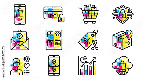 Vibrant e-commerce icons for modern online shopping and digital marketing