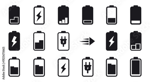 A set of black and white battery icons in various states of charge, with lightning bolts and plugs, on a white background.