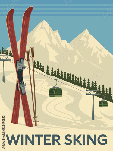 Ski Slope Travel Poster, Highlighting Curving Snowy Slope, Ski Equipment, and Chairlift System Against Light Blue Sky