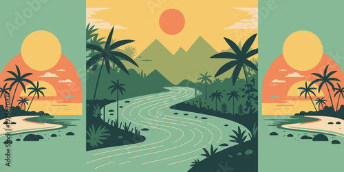 Ski Slope Travel Poster, Featuring Skis with Black Bindings, Poles with Brown Handles, Curving Slope and Chairlift