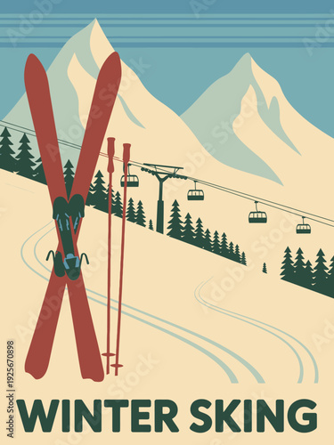 Ski Slope Travel Poster, Highlighting Curving Snowy Slope, Ski Equipment, and Chairlift System Against Light Blue Sky