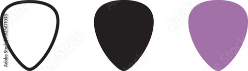 Guitar pick vector collection including outline black solid and purple plastic plectrum icons
