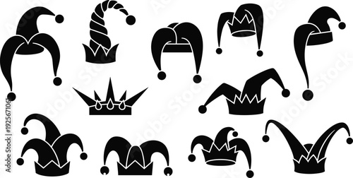 Collection of black jester hats and crowns