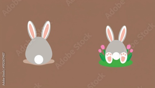 Two gray cartoon bunnies with pink ears and flowers on brown background