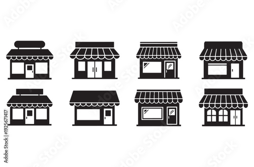Collection of black shop and store front icons isolated on transparent background vector illustration