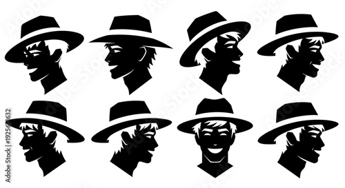 A set of eight black silhouette icons of men wearing hats in various profiles and expressions