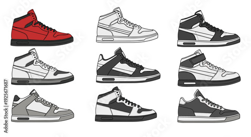 A set of eight different sneaker designs in various colors and styles, arranged in three rows on a white background.