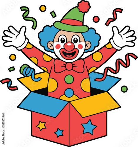 A joyful clown emerging from a colorful box with confetti