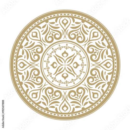 A golden circular ornament with floral and geometric swirls. Byzantine and Islamic decorative art. Classic egyptian, assyrian and greek motives for designs, ceramic tiles, book covers, frames