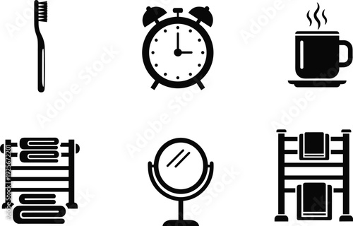 Morning routine icons set, toothbrush, alarm clock, coffee cup, towel rack, vanity mirror, hygiene, personal care, daily habits, black white vector