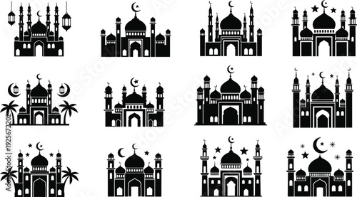 Islamic mosque silhouette icons, black and white vector art, crescent moon domes, minarets, cultural heritage, Ramadan Eid decoration, religious architecture