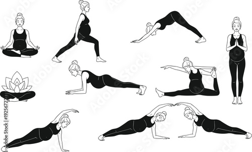 Pregnant woman yoga poses illustration, prenatal exercise vector art, meditation, stretching, fitness, wellness, healthy lifestyle, black and white drawing