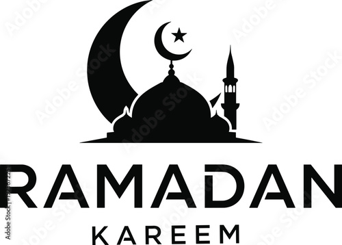 Ramadan Kareem mosque silhouette illustration, crescent moon star, minaret vector art, Islamic culture, religious architecture, spiritual heritage, festive design