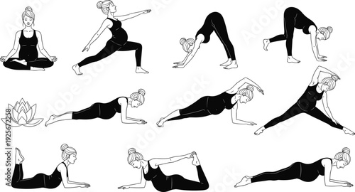Pregnant woman yoga poses illustration, prenatal exercise vector art, meditation, stretching, fitness, wellness, healthy lifestyle, mindfulness, black and white drawing