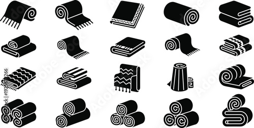 Towel icons set, folded fabric, rolled blanket, draped textile, stacked linens, fringe detail, household items, hygiene, cleaning, black white vector