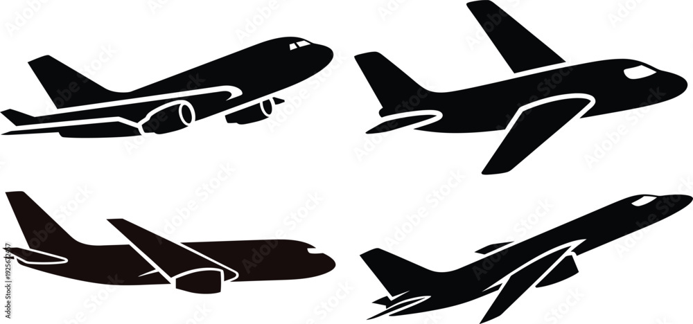 Fototapeta premium Four Black Airplane Silhouettes in Different Positions