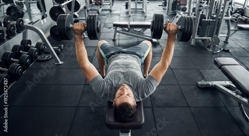 Man lifting dumbbells on bench in modern gym for strength training and fitness