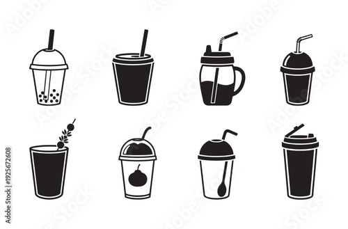 Collection of black silhouette bubble tea and other cold beverage cups with straws, depicting various designs and styles for drinks