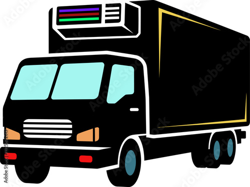 Black delivery truck with colorful refrigeration unit on