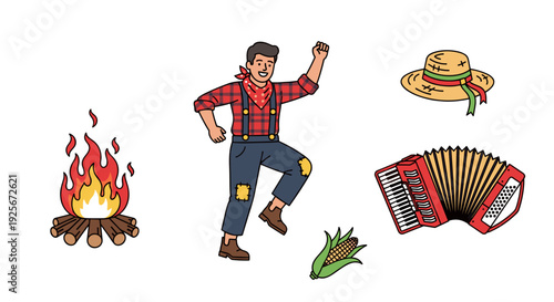 A cheerful man in traditional Festa Junina attire joyfully dances, surrounded by a warm bonfire, a straw hat, an accordion, and an ear of corn.