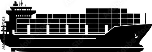 Black and white container ship with stacked cargo ship