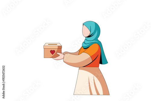 Illustration of a woman in a hijab holding a donation box with a heart symbol, representing generosity and charitable giving
